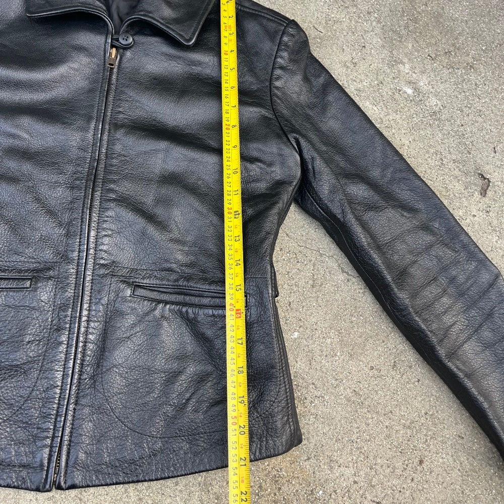 90s leather jacket black fitted crop cropped buckleback xs ann taylor biker moto - Picture 8 of 12